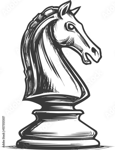 Illustrated black and white knight chess piece with detailed line art design