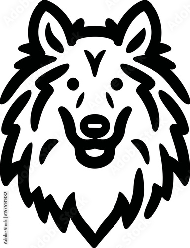 Line art of a lion head with detailed mane and cheerful expression, graphic design