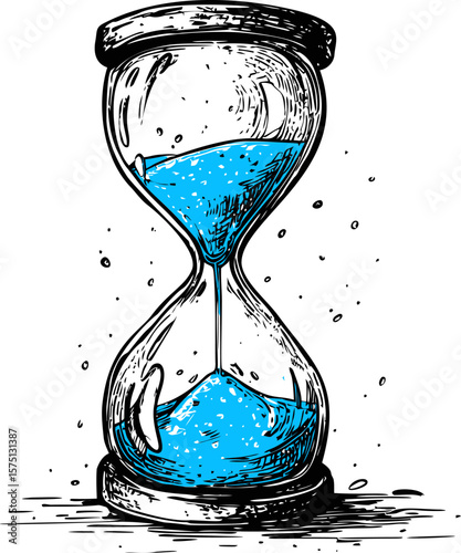 Blue sand running in a vintage hourglass drawing, concept of time passing