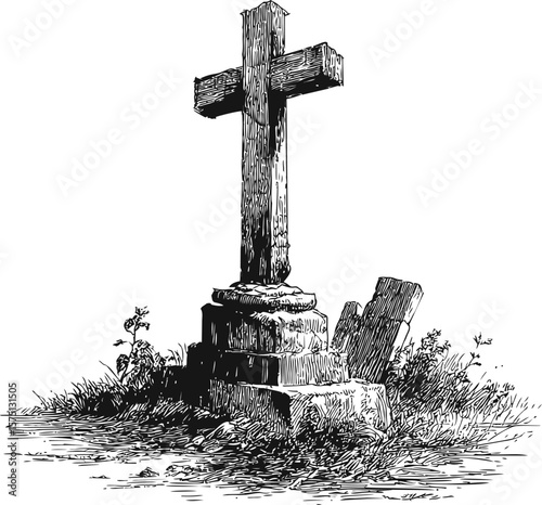 Old wooden cross with broken stone base in overgrown cemetery illustration