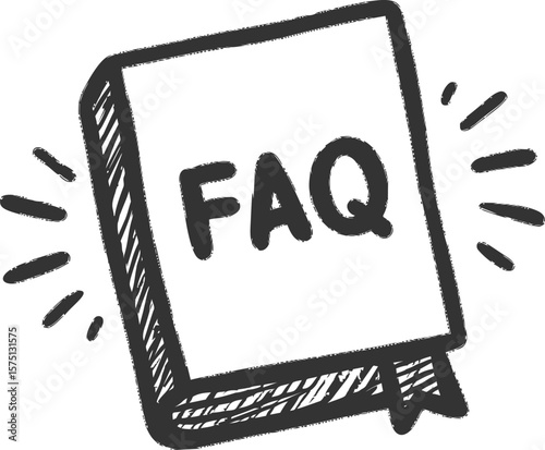 Hand-drawn faq book with exclamation marks in black and white illustration