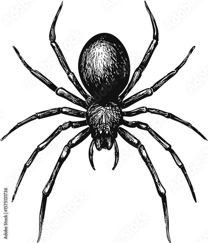 Detailed black and white vector illustration of a spider, ink drawing style