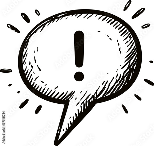 Black and white exclamation mark speech bubble illustration, comic style