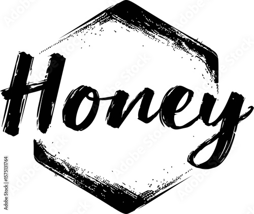 Brush script text of honey in black with hexagonal frame background