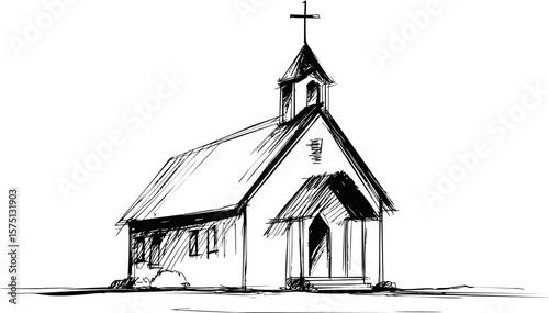 Sketch of a small rural church with cross and simple architecture