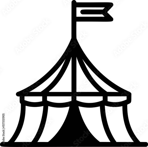 Circus tent illustration with flag in black and white, flat vector icon