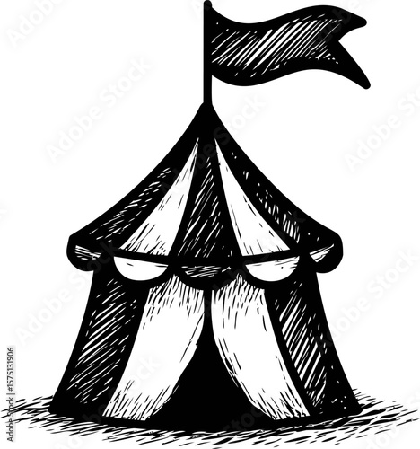 Black and white sketch of a circus tent with a waving flag illustration