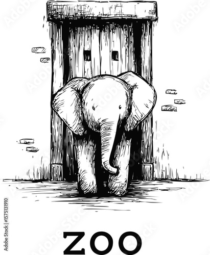 Sketch of an elephant at the zoo standing in front of a wooden fence