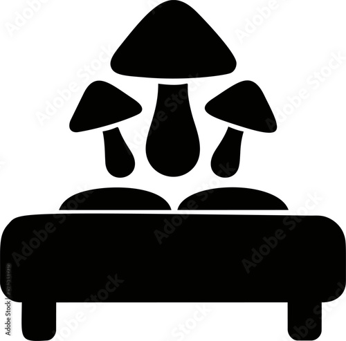 Silhouette of mushrooms growing on a bed, black and white illustration