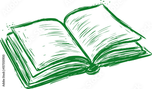Green sketch illustration of an open book with blank pages