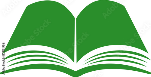 Green open book icon with multiple pages fanned out, flat illustration