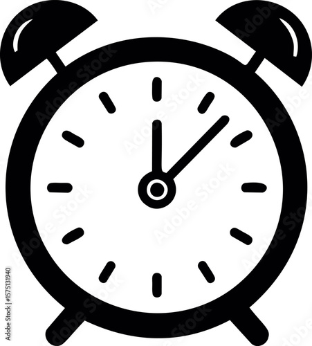 Black and white illustration of classic alarm clock at 7 o'clock