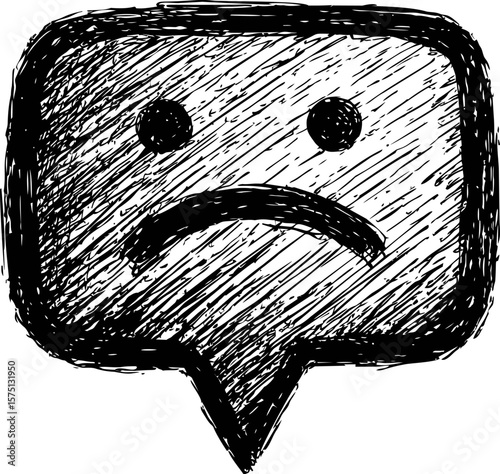 Sketch of a sad face in a speech bubble with crosshatch shading