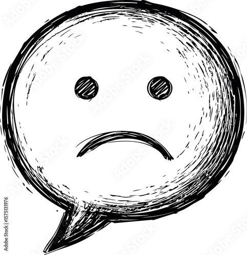 Sad face emoticon in a speech bubble with sketchy black lines