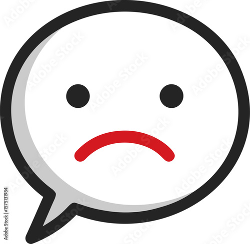 Sad face emoticon in black and white with red mouth in speech bubble
