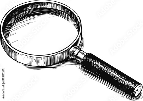Illustration of a hand-drawn magnifying glass in black and white sketched style