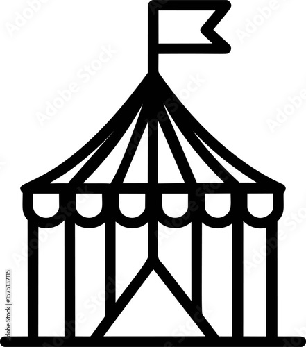 Simple black and white circus tent icon with flag on top