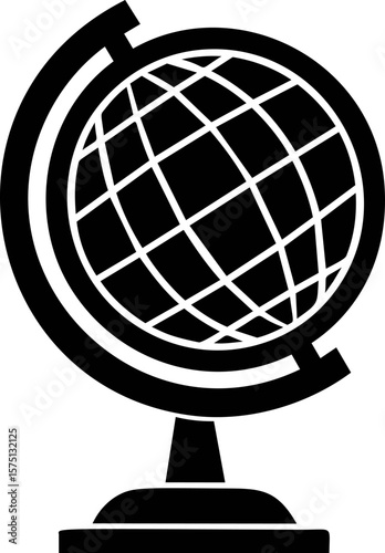 Simple black and white globe illustration of a world map