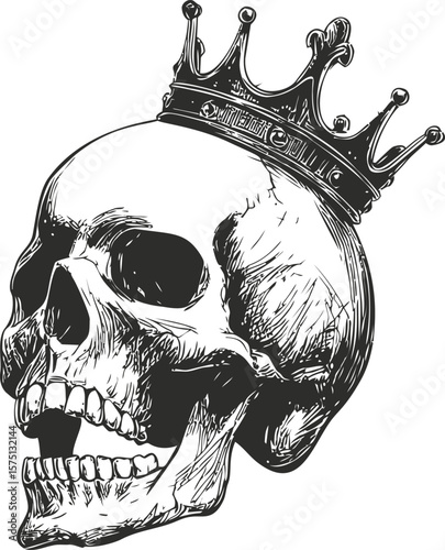 Sketch of a detailed skull wearing a royal crown in monochrome style