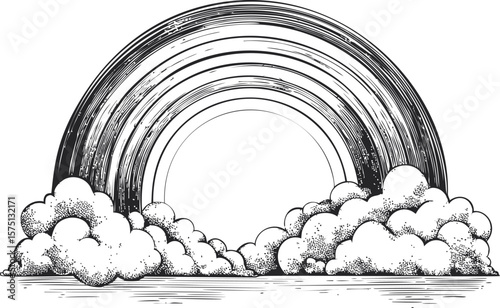 Black and white sketch of a rainbow emerging from fluffy clouds, vintage style