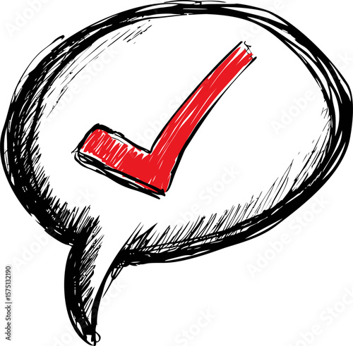 Red checkmark inside a black sketchy speech bubble symbolizing approval