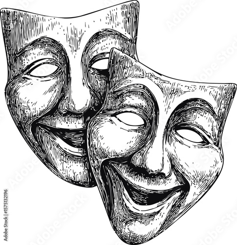 Theatrical comedy and tragedy masks in black and white sketch illustration