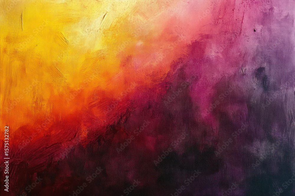 Fototapeta premium Abstract textured painting with vibrant blend of yellow, orange, red, purple, and dark shades conveying intense and dynamic emotions