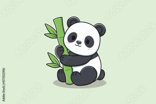 Cartoon Panda Hugging Bamboo Vector Illustration in Minimalist  Style