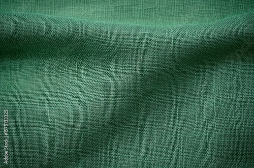 Close-up texture of green woven fabric with visible threads and fine natural fibers in soft folds