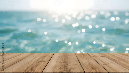 Wallpaper Mural Ocean View Behind Wooden Table – Light Bokeh Slide Background Torontodigital.ca
