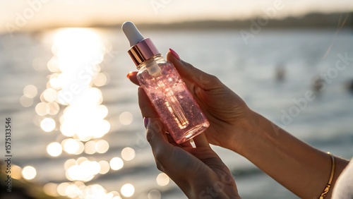 Woman holding pink serum bottle with dropper at sunset near the ocean water view
