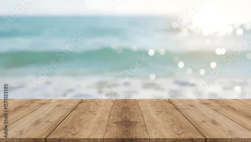 Wallpaper Mural Ocean View Behind Wooden Table – Light Bokeh Slide Background Torontodigital.ca