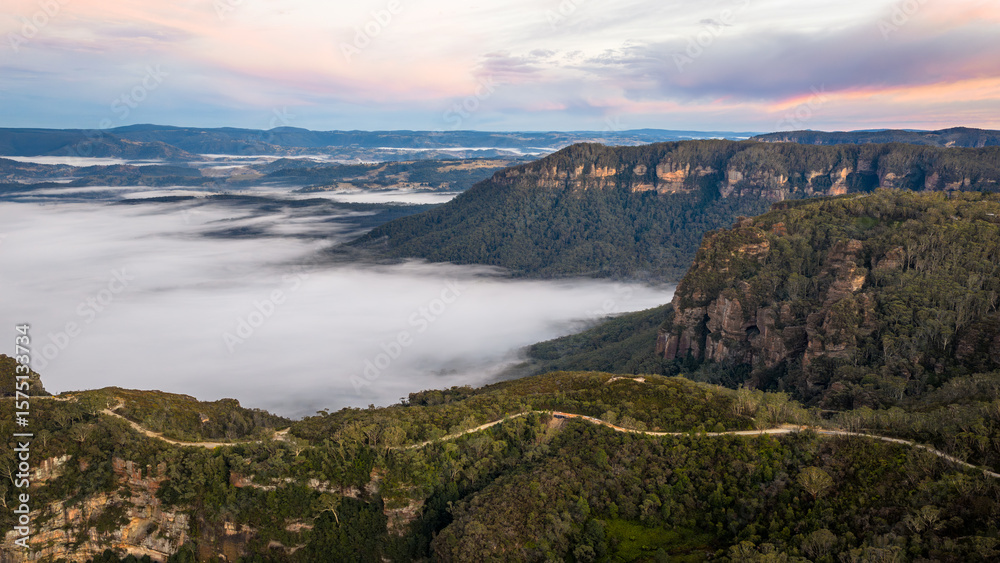 Fototapeta premium Foggy morning over Blue Mountains National Park NSW, Australia
