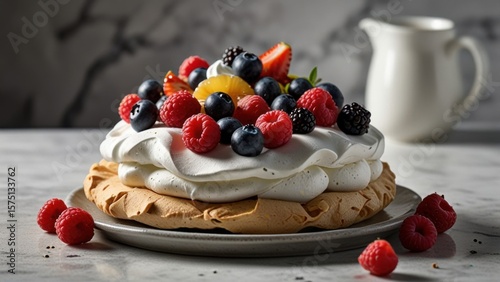 New Zealand Pavlova Dessert with Meringue Base and Seasonal Fruits