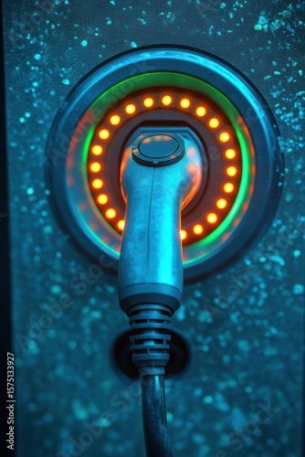 Close-up image of an electric vehicle charging plug with illuminated orange ring lights on a textured dark surface emitting a futuristic and technological feel