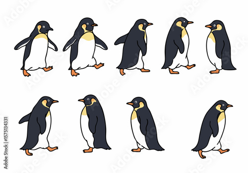 Collection of cute cartoon penguins walking in different poses illustration set isolated on white background