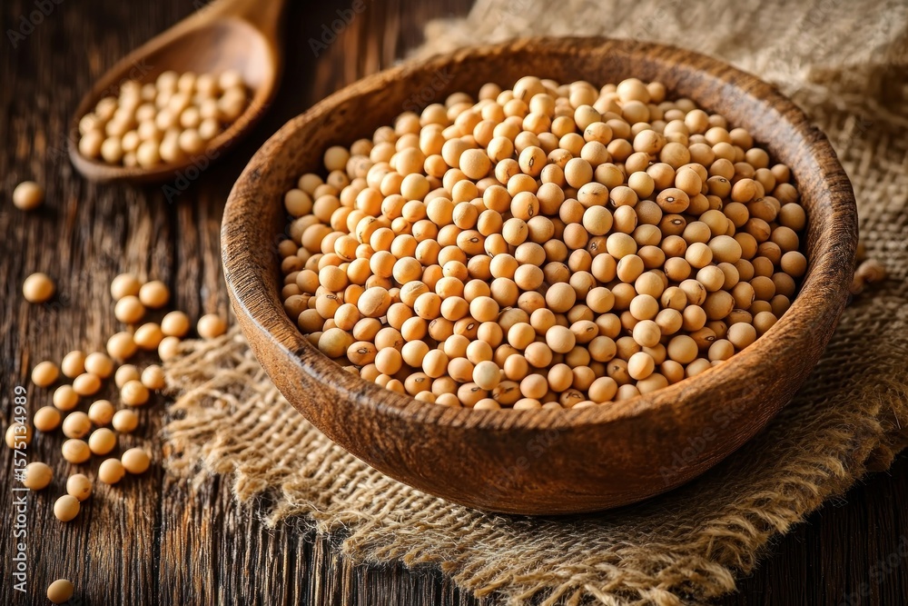 Close-up of a wooden bowl filled with yellow soybeans on rustic wooden table with burlap cloth and wooden spoon holding soybeans in the background Close-up of a wooden bowl filled with yellow soybeans on rustic wooden table with burlap cloth and wooden spoon holding soybeans in the background