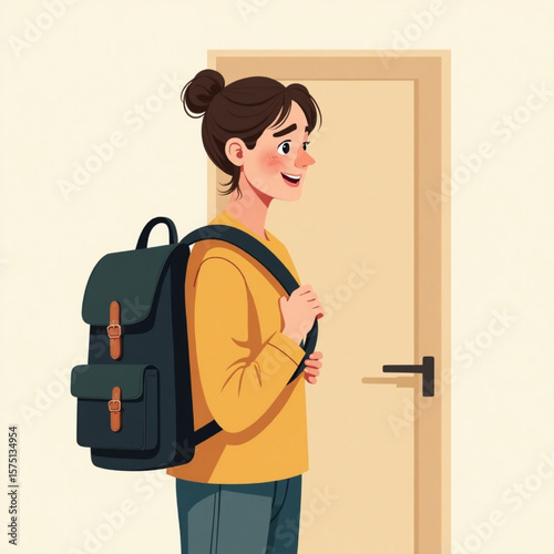 A cartoon girl with a backpack stands at a doorway, ready to go.
