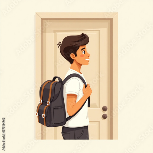 A cartoon man with a backpack stands at a doorway, ready to go.