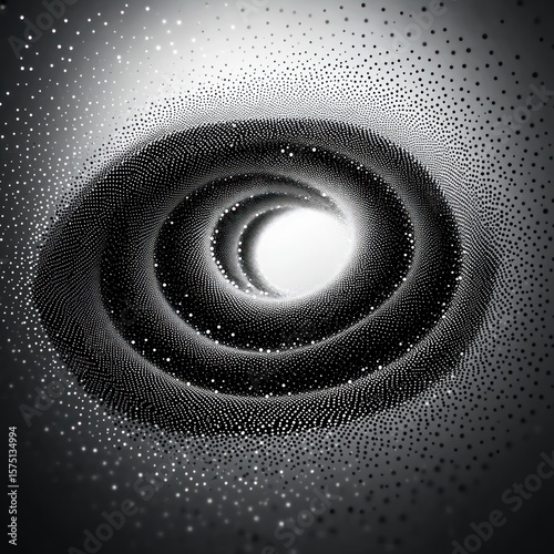 Abstract black and white spiral vortex made of numerous small dots converging towards a bright central light creating a sense of depth and infinity