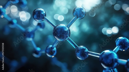Close-up view of a blue molecular structure with spherical atoms connected by rods against a blurred background, conveying a scientific and futuristic emotion