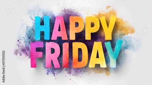 Colorful “Happy Friday” typography design with paint splash effects on a white background. Bright, clean, and modern style perfect for celebration, web, and social media design.