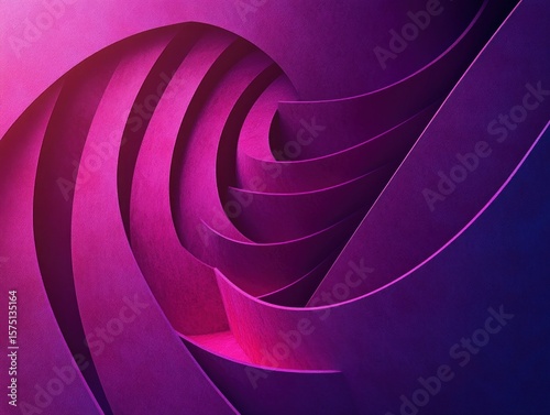 Abstract architectural curves illuminated with vibrant purple and pink lighting creating a dynamic and futuristic spiral design