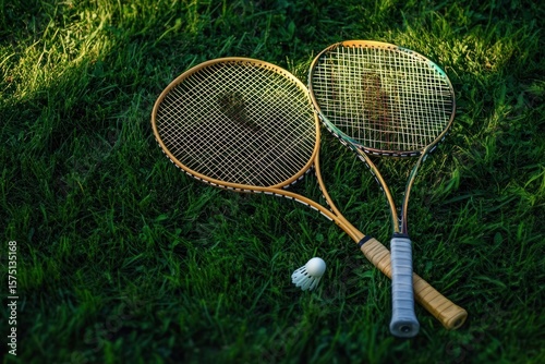 Two vintage wooden badminton rackets and a white shuttlecock lying on fresh green grass under natural sunlight conveying a calm and nostalgic outdoor sports moment