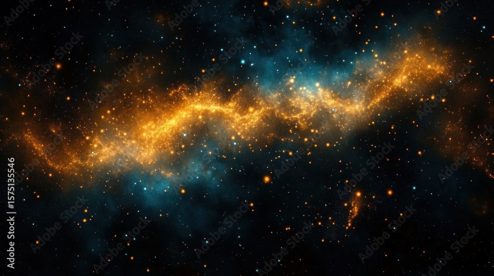 Naklejka premium Vibrant cosmic scene with glowing golden and blue nebulae scattered against a dark starry background evoking the vastness and mystery of outer space