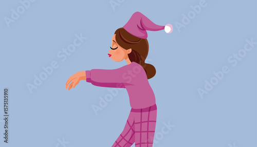 Funny Sleepwalking Lady Wearing Pink Pajamas Vector Cartoon. Lady suffering from a sleep disorder waking while not completely awake