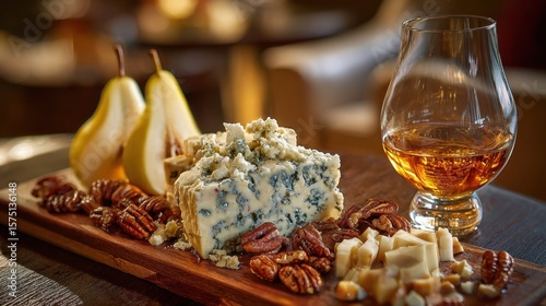 Savor a gourmet cheese experience with a closeup of crumbly blue cheese fresh pear halves and roasted nuts beautifully presented on a wooden board accompanied by a glass of mellow amber
