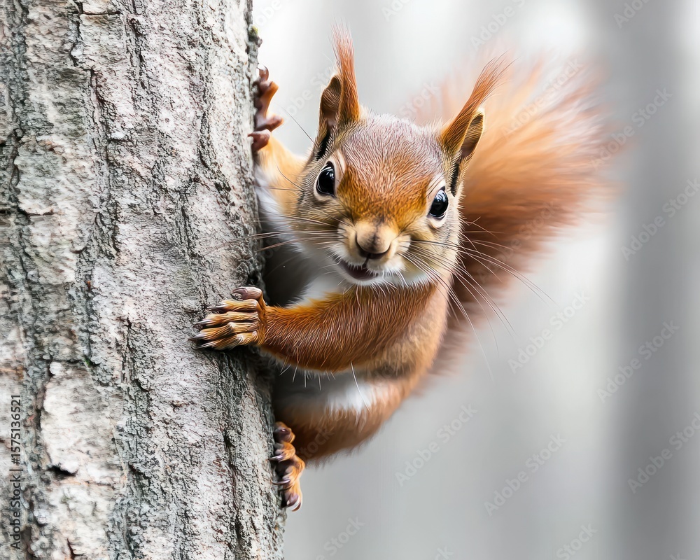 Close-up of a curious red squirrel clinging to tree bark with bright eyes and fluffy tail in soft natural light Close-up of a curious red squirrel clinging to tree bark with bright eyes and fluffy tail in soft natural light