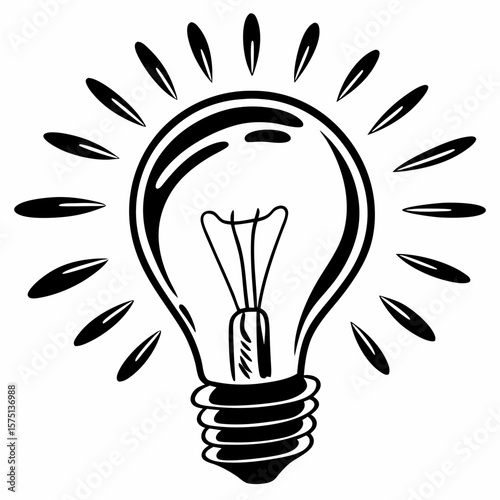 Black and White Outline Lightbulb with Rays as Idea Concept Icon
