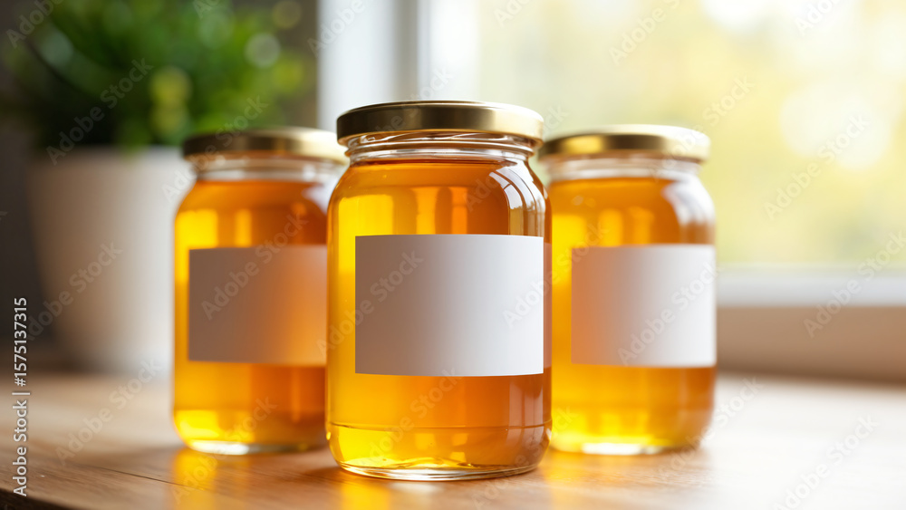 A high-quality honey jars mockup featuring a blank white label, perfect for branding, packaging design, marketing, and showcasing organic, natural honey products. A high-quality honey jars mockup featuring a blank white label, perfect for branding, packaging design, marketing, and showcasing organic, natural honey products.